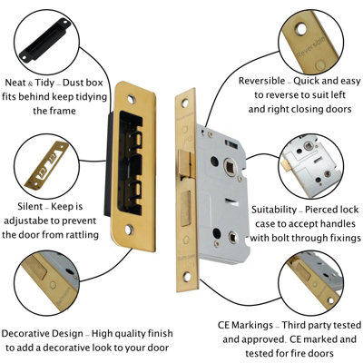 AFIT Bathroom Lock 65mm / 44mm Backset Brass for Internal Wooden Bathrooms Accepts 5mm Square Spindle CE UKCA & Fire Door Approved