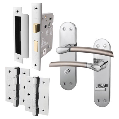 AFIT BathroomDoor Handle Set - Duo Finish - 1 Pair Satin Nickel & Polished Chrome Lever Handles with Lock (64mm) & Hinges (76mm)