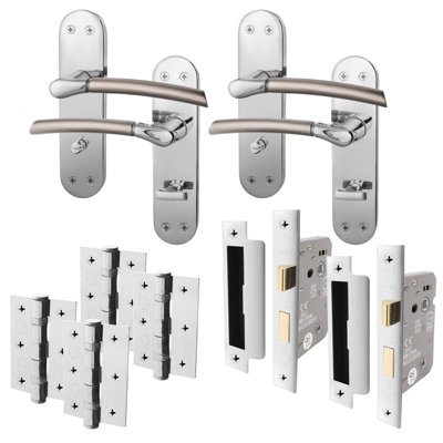 AFIT BathroomDoor Handle Set - Duo Finish - 2 Pairs Satin Nickel & Polished Chrome Lever Handles with Locks (64mm) & Hinges (76mm)