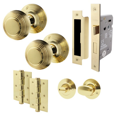AFIT Beehive Bathroom Door Knob Set Polished Brass - 1 Pair of Reeded ...
