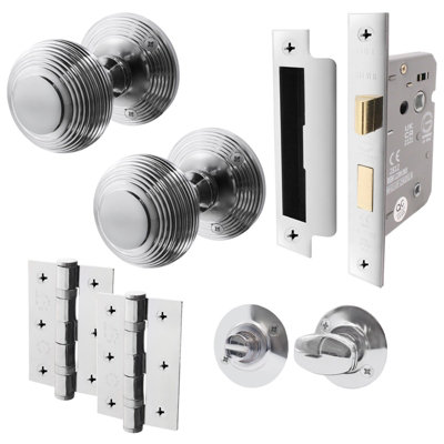 AFIT Beehive Bathroom Door Knob Set Polished Chrome - 1 Pair of Reeded Mortice Knobs (55mm), Lock (80mm) & Hinges (76mm)