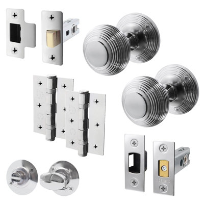 AFIT Beehive Door Knob Set Polished Chrome - 1 Pair of Reeded Knobs 55mm, Latch & Deadbolt Kit 76mm, Hinges 76mm & Turn & Release