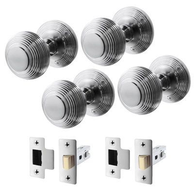 AFIT Beehive Door Knob Set Polished Chrome - 2 Pairs of Reeded Mortice Knobs (55mm) & Latch (76mm) for Internal Doors
