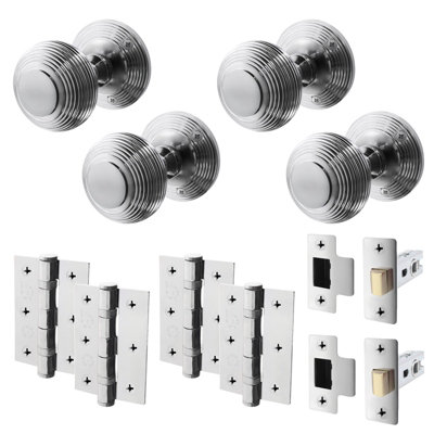 AFIT Beehive Door Knob Set Polished Chrome - 2 Pairs of Reeded Mortice Knobs (55mm), Latch (76mm) & Hinges (76mm) for Internal Use