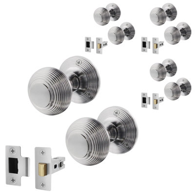 AFIT Beehive Door Knob Set Polished Chrome - 4 Pairs of Reeded Mortice Knobs (55mm) & Latch (76mm) for Internal Doors