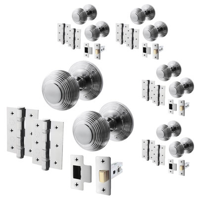 AFIT Beehive Door Knob Set Polished Chrome - 4 Pairs of Reeded Mortice Knobs (55mm), Latch (76mm) & Hinges (76mm) for Internal Use