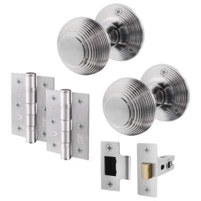 AFIT Beehive Door Knob Set Satin Chrome - 1 Pair of Reeded Mortice Knobs (55mm), Latch (76mm) & Hinges (76mm) for Internal Doors