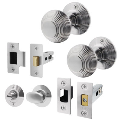AFIT Beehive Door Knob Set Satin Chrome - 1 Pair of Reeded Mortice Knobs (55mm), Latch & Deadbolt Kit (76mm) & Turn & Release