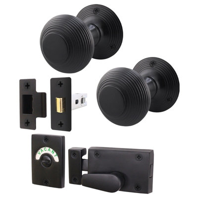 AFIT Beehive Reeded Black Door Knob Set - 1 Pair Matt Black Mortice Knobs (55mm), Latch (76mm) & Indicator Bolt
