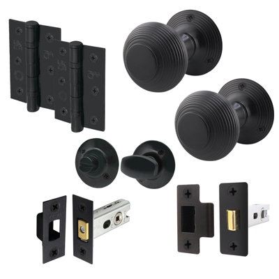 AFIT Beehive Reeded Black Door Knob Set - 1 Pair Matt Black Mortice Knobs (55mm), Latch & Deadbolt Kit (76mm), Hinges & Thumbturn