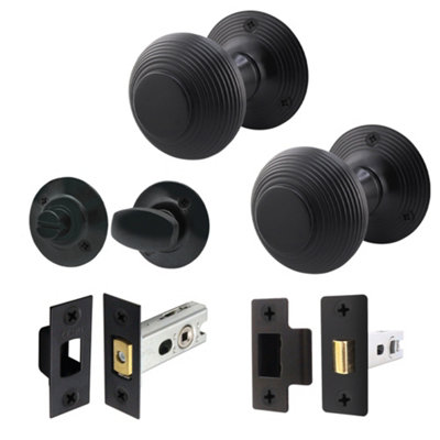 AFIT Beehive Reeded Black Door Knob Set - 1 Pair Matt Black Mortice Knobs (55mm), Latch & Deadbolt Kit (76mm) & Thumbturn