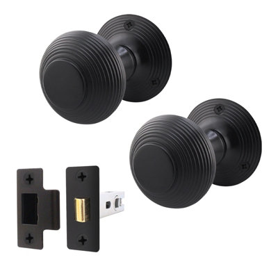 AFIT Beehive Reeded Black Door Knob Set - 1 Pair of Matt Black Mortice Knobs (55mm) & Latch (76mm) for Internal Doors