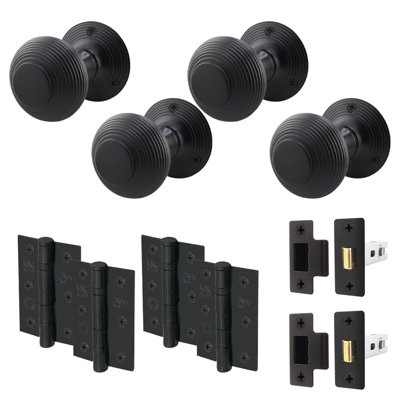 AFIT Beehive Reeded Black Door Knob Set - 2 Pairs Matt Black Mortice Knobs (55mm), Latch (76mm) & Hinges (76mm) for Internal Doors