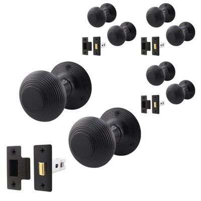 AFIT Beehive Reeded Black Door Knob Set - 4 Pairs of Matt Black Mortice Knobs (55mm) & Latch (76mm) for Internal Doors