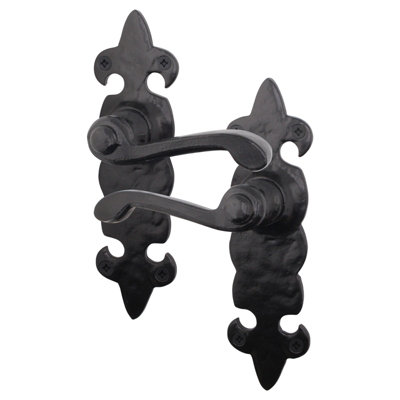 AFIT Black Antique Fleur De Lys Door Handles - 1 Pair Cast Iron Internal Lever Latch Handles on Backplate