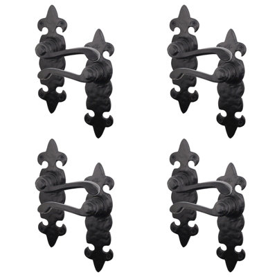 AFIT Black Antique Fleur De Lys Door Handles - 4 Pairs Cast Iron Internal Lever Latch Handles on Backplate