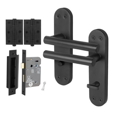 AFIT Black Bathroom Door Handle Set - 1 Pair of Internal T-Bar Handles with Hinges (76mm) & Lock ...