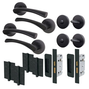 AFIT Black Bathroom Door Handle Set - Pack of 2 Round Internal Door Handles, Thumb Turn Set, Lock & Hinges (76mm) Novi Range