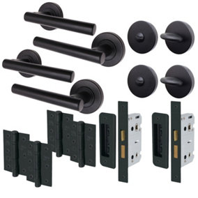AFIT Black Bathroom Door Handle Set - Pack of 2 Round T-Bar Internal Door Handles, Thumb Turn & Release Set, Lock & Hinges (76mm)