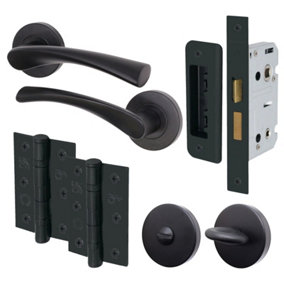 AFIT Black Bathroom Door Handle Set Round Internal Door Handles, Thumb Turn & Release Set, Lock & Hinges (76mm) Novi Range