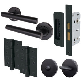 AFIT Black Bathroom Door Handle Set Round T-Bar Internal Door Handles, Thumb Turn & Release Set, Lock & Hinges (76mm) Matt Black