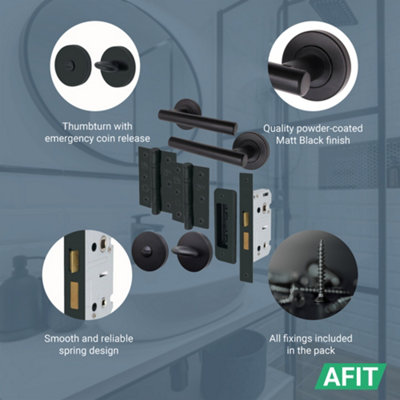AFIT Black Bathroom Door Handle Set - Thumb Turn & Release Set, Lock & Hinges (76mm) Olvera Range