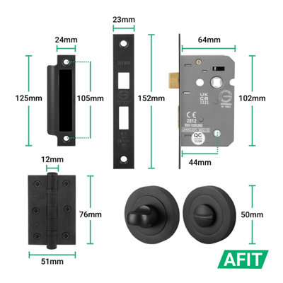AFIT Black Bathroom Door Handles Round Rose with Turn Release and WC Lock and Hinges T-Bar 1 Pair Olvera Range
