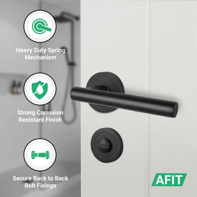 AFIT Black Bathroom Door Handles Round Rose with Turn Release and WC Lock and Hinges T-Bar 1 Pair Olvera Range