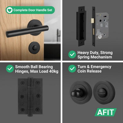 AFIT Black Bathroom Door Handles Round Rose with Turn Release and WC Lock and Hinges T-Bar 1 Pair Olvera Range