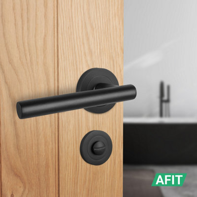AFIT Black Bathroom Door Handles Round Rose with Turn Release and WC Lock and Hinges T-Bar 1 Pair Olvera Range