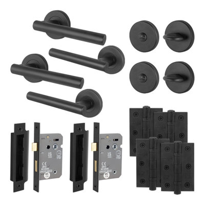 AFIT Black Bathroom Door Handles Round Rose with Turn Release and WC Lock and Hinges T-Bar 2 Pair Olvera Range