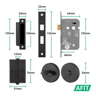 AFIT Black Bathroom Door Handles Round Rose with Turn Release and WC Lock and Hinges T-Bar 2 Pair Olvera Range