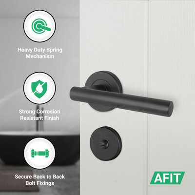 AFIT Black Bathroom Door Handles Round Rose with Turn Release and WC Lock and Hinges T-Bar 2 Pair Olvera Range