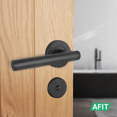 AFIT Black Bathroom Door Handles Round Rose with Turn Release and WC Lock and Hinges T-Bar 2 Pair Olvera Range