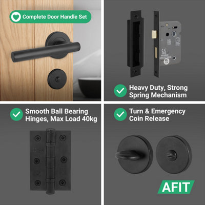 AFIT Black Bathroom Door Handles Round Rose with Turn Release and WC Lock and Hinges T-Bar 2 Pair Olvera Range