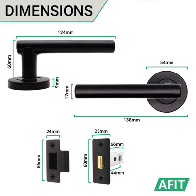AFIT Black Door Handle Latch Set - Pack of 4 Round T-Bar Handles & Latch (66mm) Olvera Range