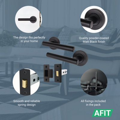 AFIT Black Door Handle Latch Set - Pack of 6 Round T-Bar Internal Door Handles & Latch (66mm) Matt Black Lever on Rose Olvera