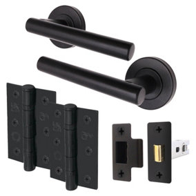 AFIT Black Door Handle Latch set - Round T-Bar Internal Door Handles, Latch (66mm), Hinges (76mm) Matt Black Olvera