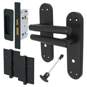 AFIT Black Door Handles Bathroom Kit - 66mm Lock & 76mm Hinges T-Bar Door Handle on Backplate 175x42mm Bathroom Kit Matt Black