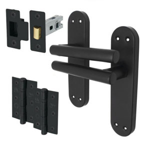 AFIT Black Door Handles Latch Kit - 66mm Latch & 76mm Hinges T-Bar Door Handle on Backplate 175x42mm Latch Kit Matt Black