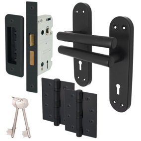 AFIT Black Door Handles Lock Kit - 66mm Lock & 76mm Hinges T-Bar Door Handle on Backplate 175x42mm Lock Kit Matt Black