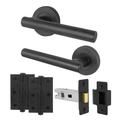 AFIT Black Door Handles Round Rose with Latch and Hinges T-Bar 1 Pair Olvera Range