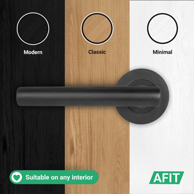 AFIT Black Door Handles Round Rose with Latch and Hinges T-Bar 1 Pair Olvera Range