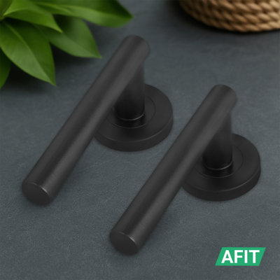 AFIT Black Door Handles Round Rose with Latch and Hinges T-Bar 1 Pair Olvera Range