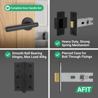 AFIT Black Door Handles Round Rose with Latch and Hinges T-Bar 1 Pair Olvera Range