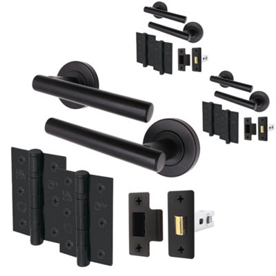 AFIT Black Door Handles Round Rose with Latch and Hinges T-Bar 3 Pair Olvera Range