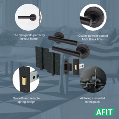 AFIT Black Door Handles Round Rose with Latch and Hinges T-Bar 3 Pair Olvera Range