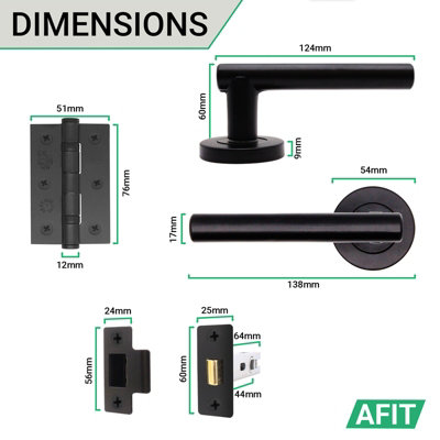 AFIT Black Door Handles Round Rose with Latch and Hinges T-Bar 3 Pair Olvera Range