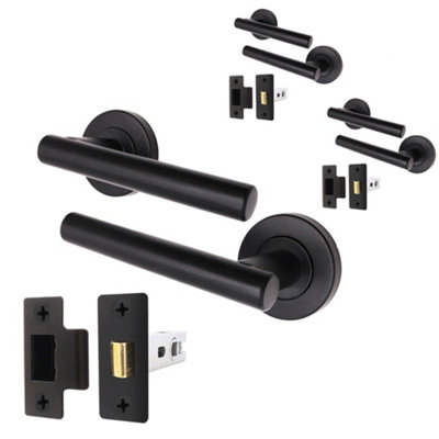 AFIT Black Door Handles Round Rose with Latch T-Bar 3 Pair Olvera Range