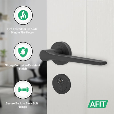 AFIT Black Fire Door Handle Euro Lock and Thumbturn Cylinder Set, Matt ...